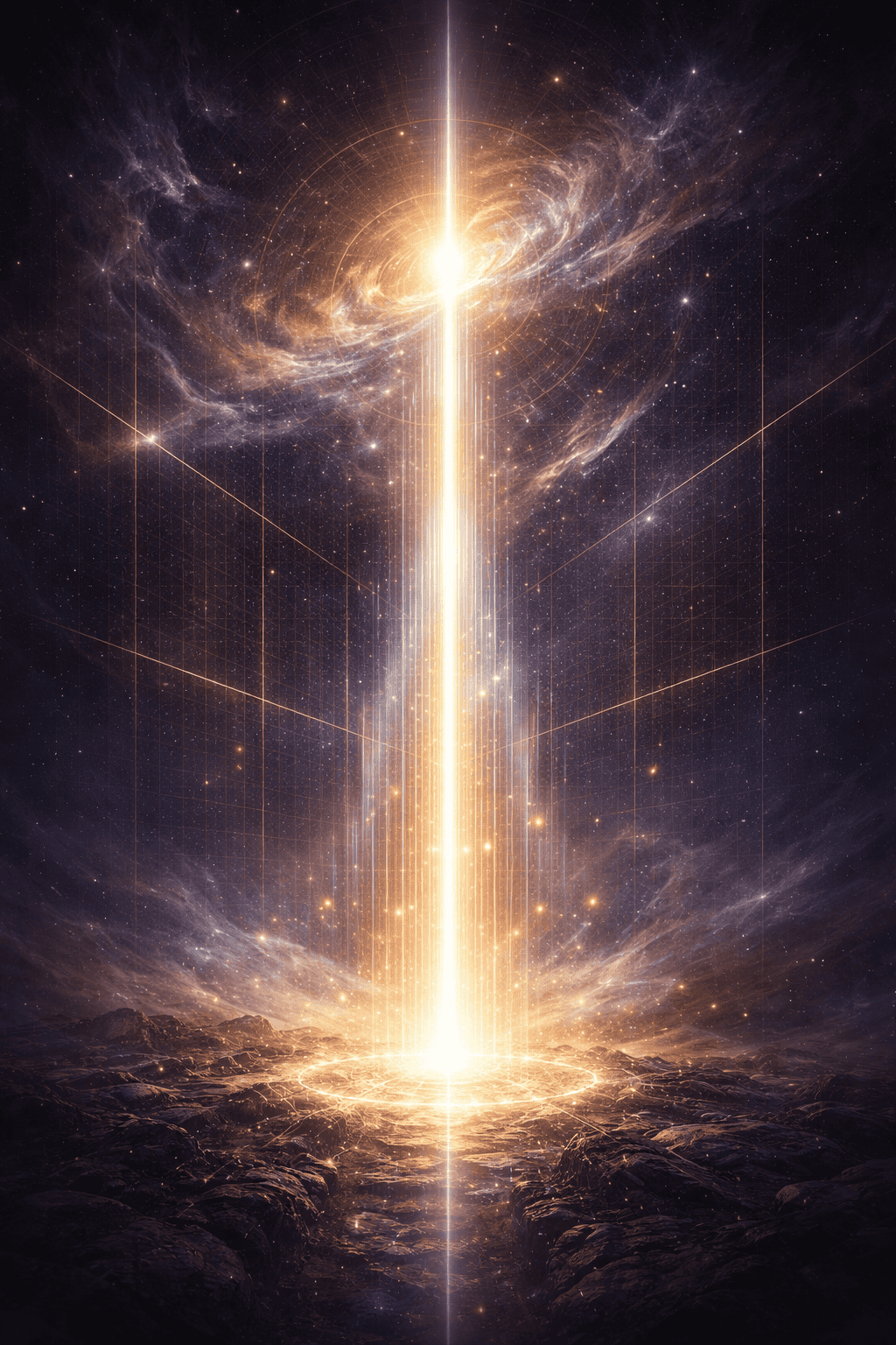 “Vertical column of radiant light rising through a structured cosmic field, symbolizing reality and existence.”