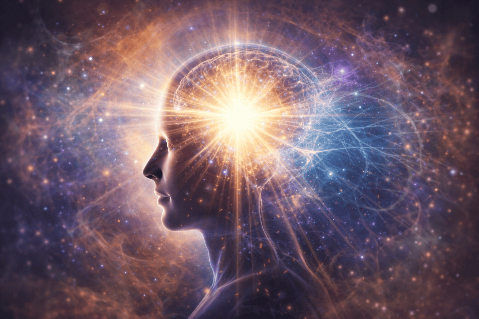 “Radiant human profile with illuminated neural pathways and expanding light, representing consciousness and the nature of mind.”