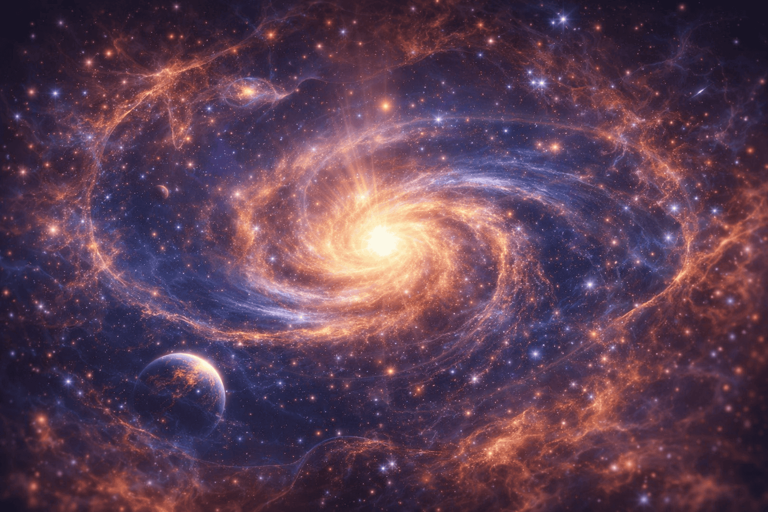 “Radiant spiral galaxy surrounded by cosmic filaments, stars, and distant planets, representing the structure and vastness of the universe.”