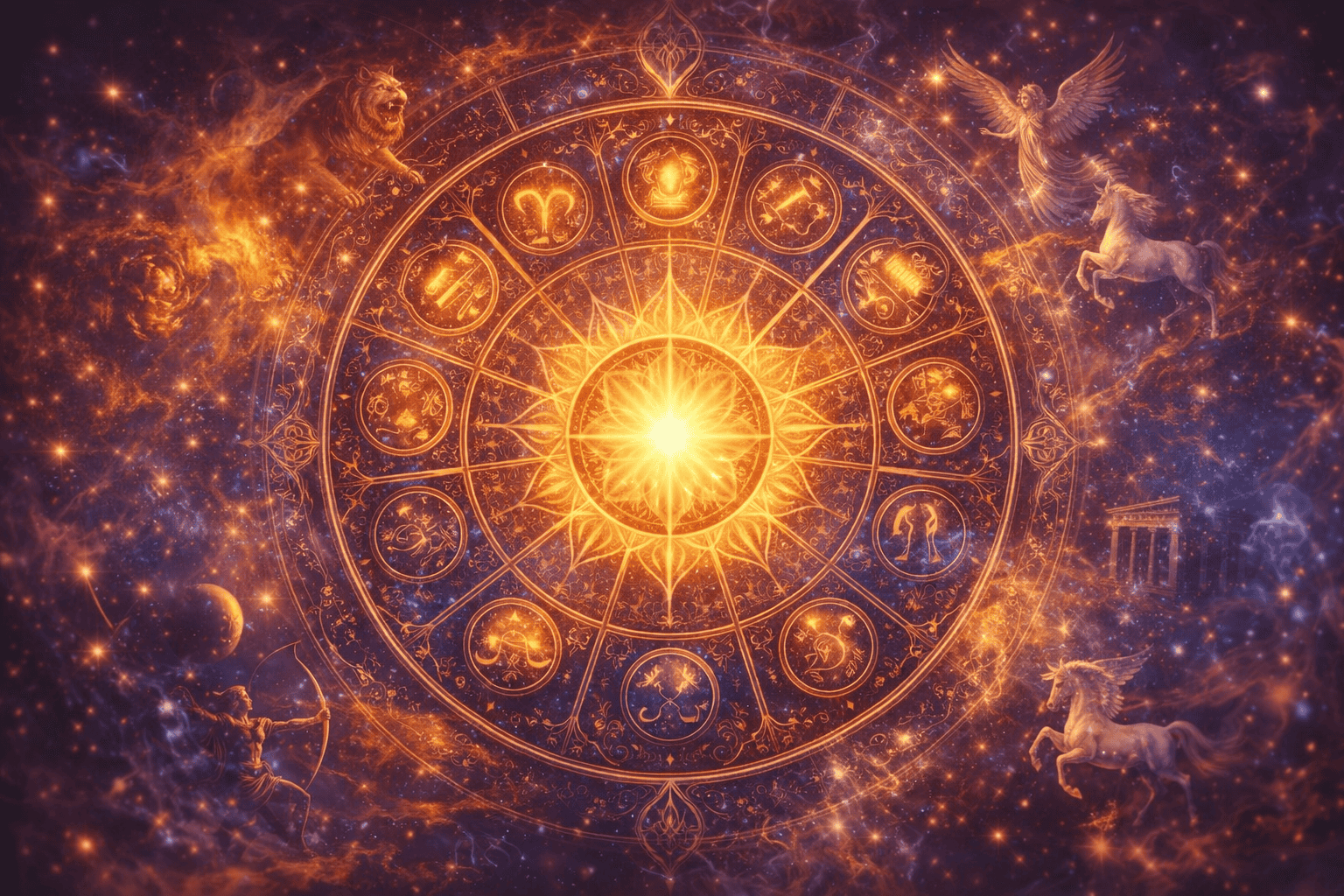 “Radiant mandala with zodiac symbols and archetypal figures surrounded by cosmic patterns, representing symbolism and universal archetypes.”