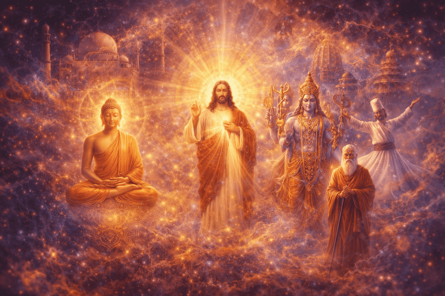 “Spiritual figures from diverse traditions surrounded by radiant light and sacred architecture, representing global spiritual teachings and thought systems.”