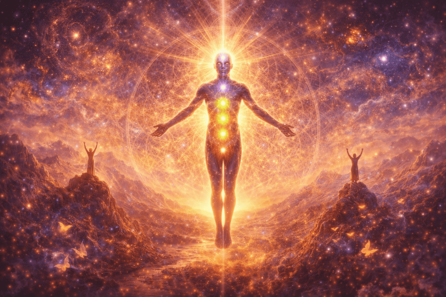 “Radiant human figure with glowing energy centers standing within a cosmic landscape, symbolizing transformation, growth, and expanded human potential.”
